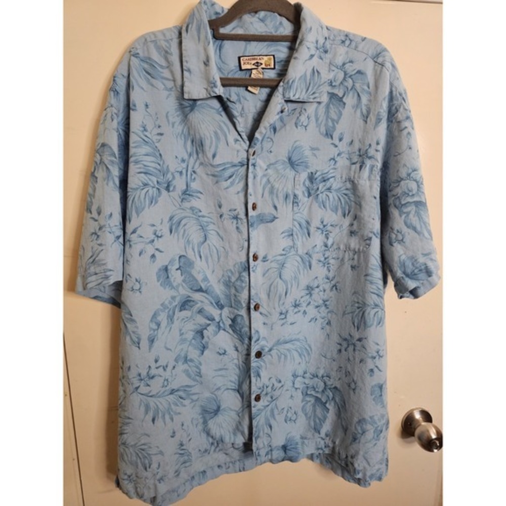 Caribbean Joe Mens Hawaiian Shirt XXL  Blue 100% Linen Short Sleeve Resort Vacay